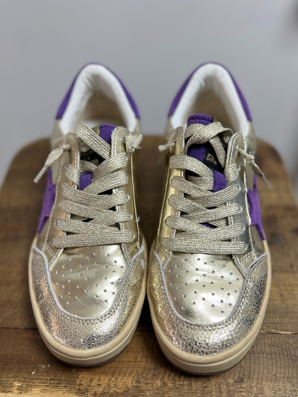 Vintage Havana Metallic Gold Sneakers with Purple Star